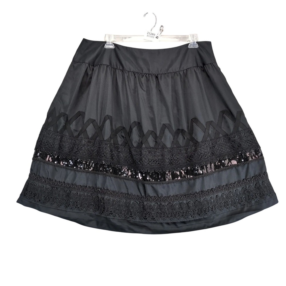 Nygard Black Satin Midi Skirt Size 18 Tiered Lace Sequin Beaded Whimsy Goth Edgy